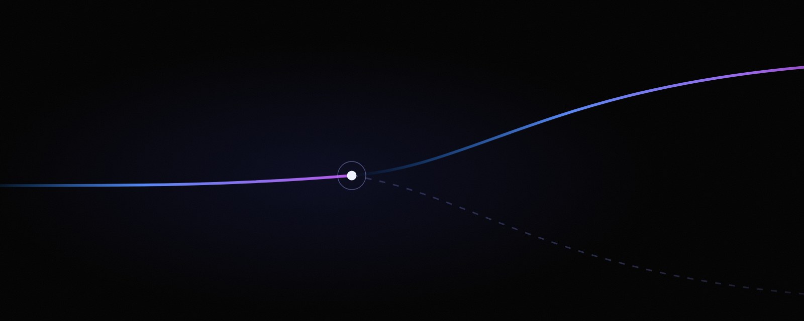 A path of light reaching a glowing decision node and continuing on the chosen branch — an agentic workflow in action