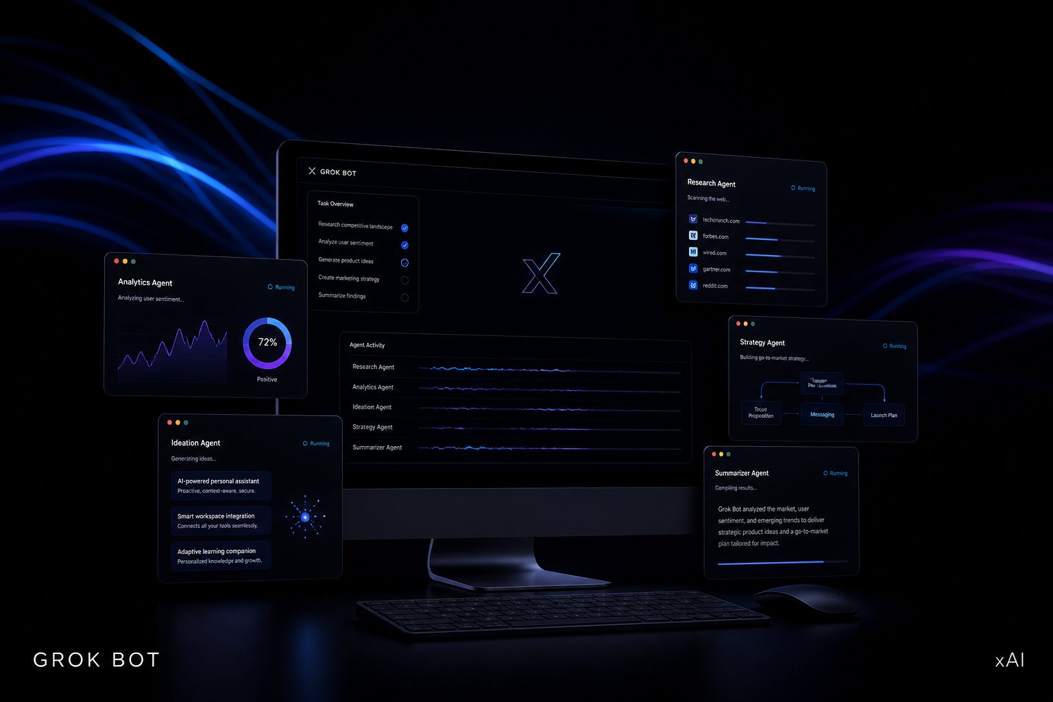 Grok Bot editorial hero — glowing agent desktops and parallel task windows on a dark background