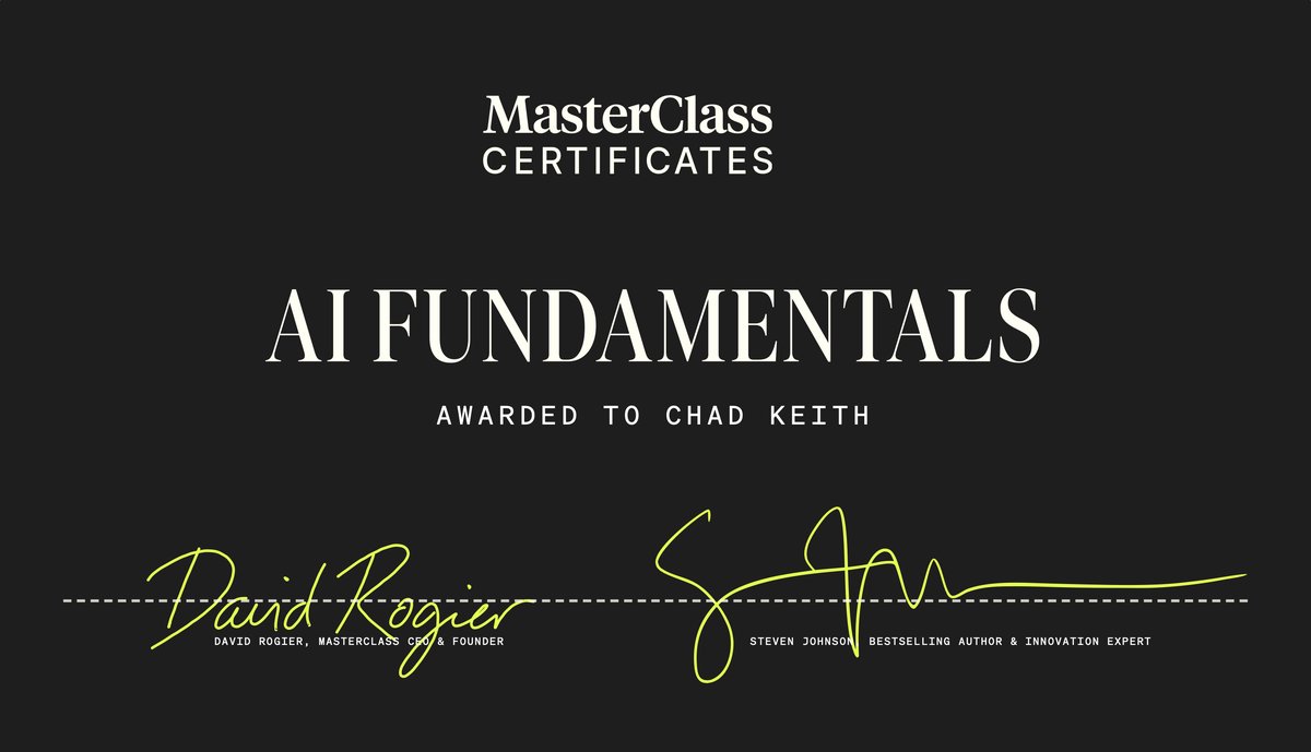 MasterClass certificate: AI Fundamentals awarded to Chad Keith